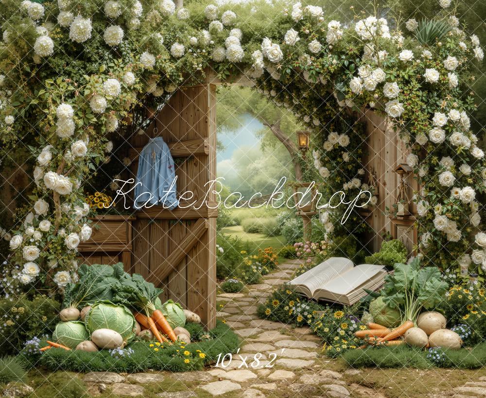 Kate Spring Flower Arch Garden Gate Vegetables Path Open Book Backdrop Designed by Chain Photography