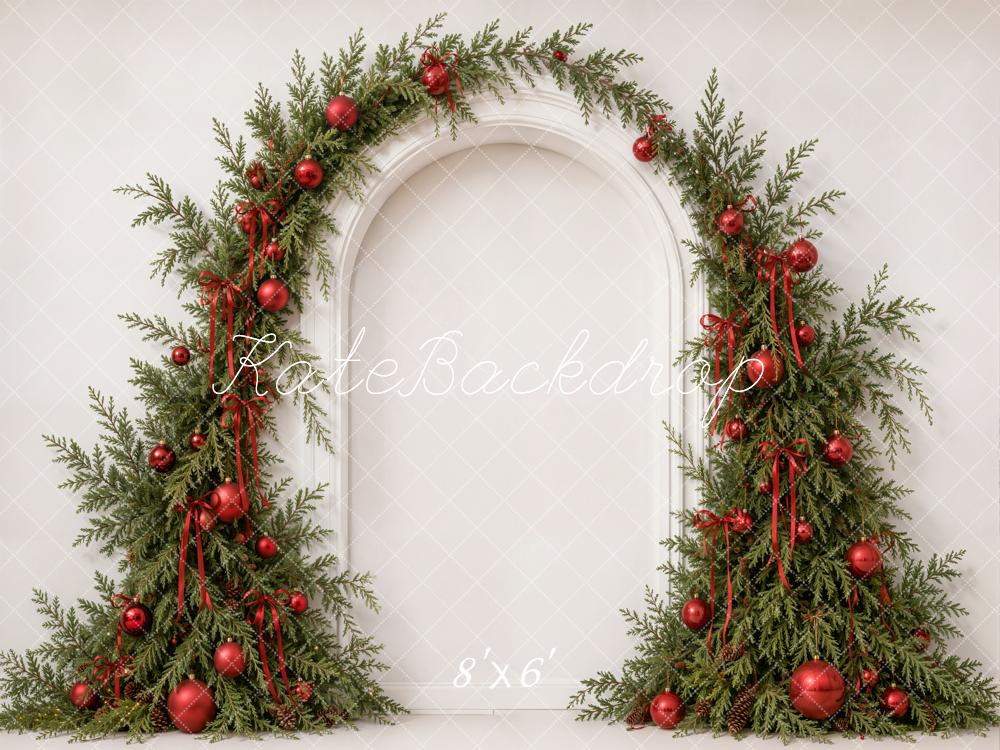 Kate Christmas Evergreen Garland Arch Red Bow Ribbon Printed Backdrop Designed by Emetselch