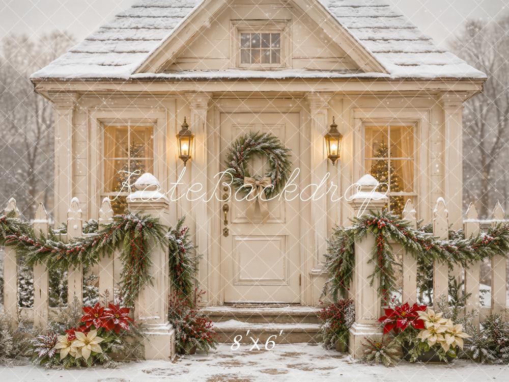 Kate Christmas White Cottage Snow Garland Wreath Printed Backdrop Designed by Emetselch