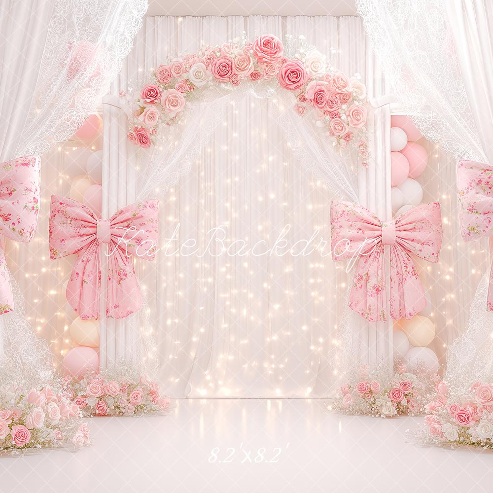 Kate Prom Pink Flower Arch Bows Curtains Balloons Backdrop Designed by Angela Miller
