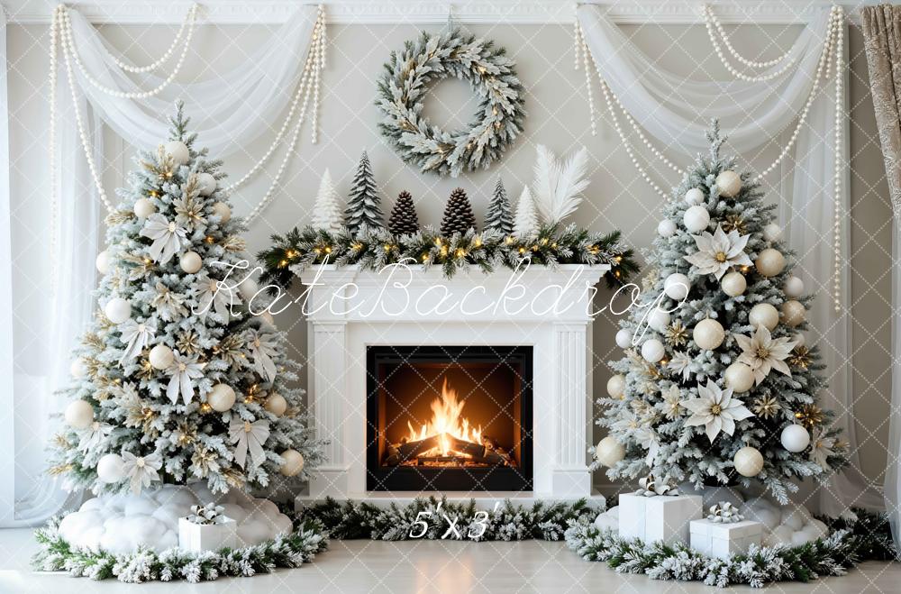 Kate Christmas White Poinsettia Fireplace Wreath Tree Pearl Backdrop Designed by Mini MakeBelieve