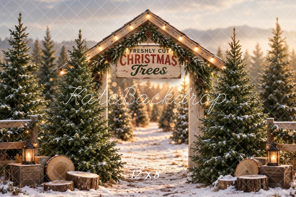 Lightning Deal Kate Christmas Snowy Tree Farm Arch Rustic Wood Printed Backdrop Designed by Emetselch
