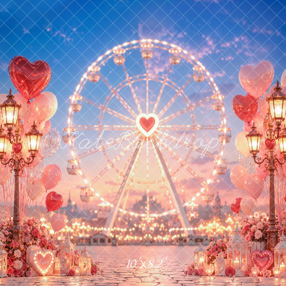 Kate Valentine's Day Ferris Wheel Hearts Balloons Street Printed Backdrop Designed by Emetselch