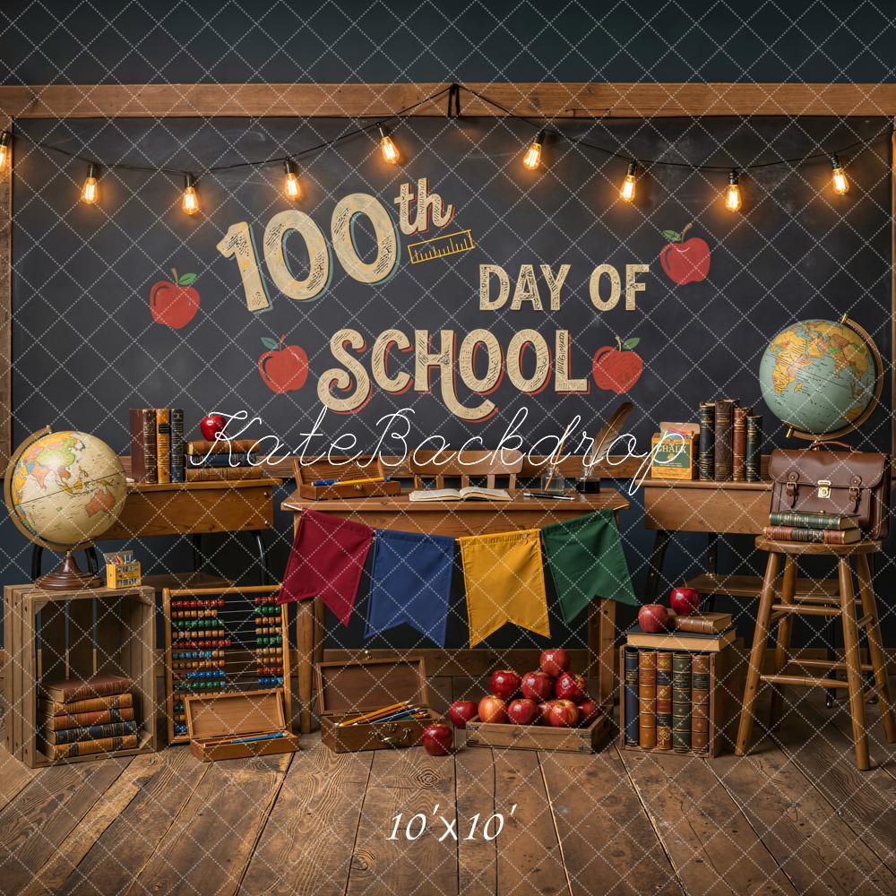 Kate 100th day of school Classroom Desk Books Apples Globe Chalkboard Printed Backdrop Designed by Emetselch