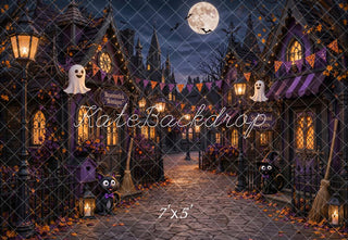 Kate Halloween Night Haunted Village Ghosts Witch Cobblestone Printed Backdrop Designed by Chain Photography