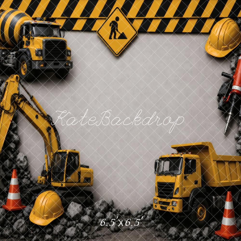 Kate Father's Day Construction Vehicles Hard Hat Traffic Cones Rocks Printed Backdrop Designed by Vertigo Productions