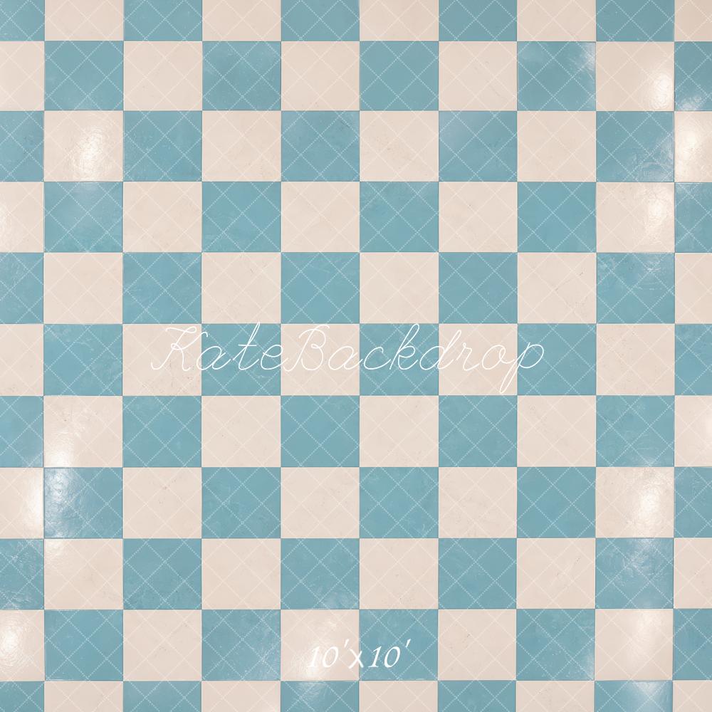 Kate Blue Cream Checkerboard Floor Printed Backdrop Designed by Laura Bybee
