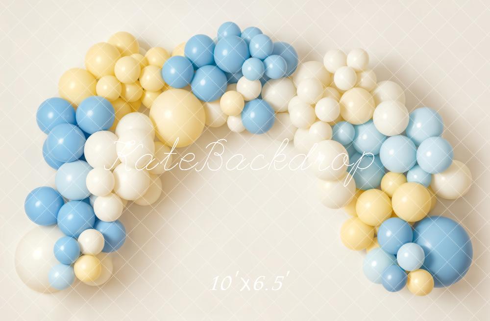 Kate Cake Smash Blue Yellow Cream Balloon Arch Printed Backdrop Designed by Emetselch