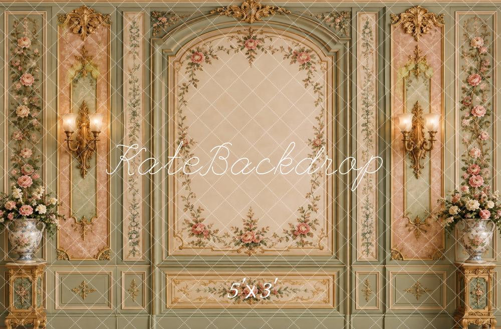 Kate Rococo Vintage Wall Floral Panels Arch Sconces Printed Backdrop Designed by Vertigo Productions