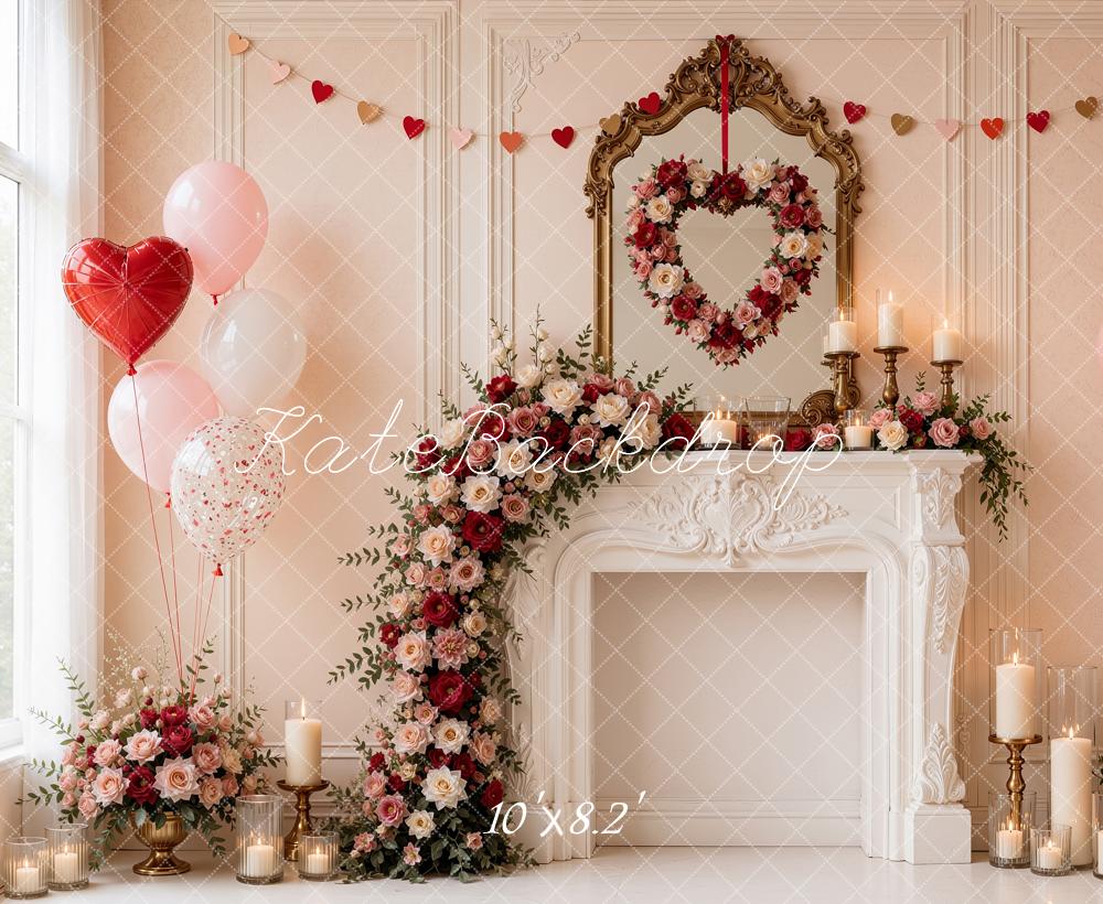 Kate Valentine's Day Pink Floral Fireplace Heart Balloons Printed Backdrop Designed by Shutter Swan Studios