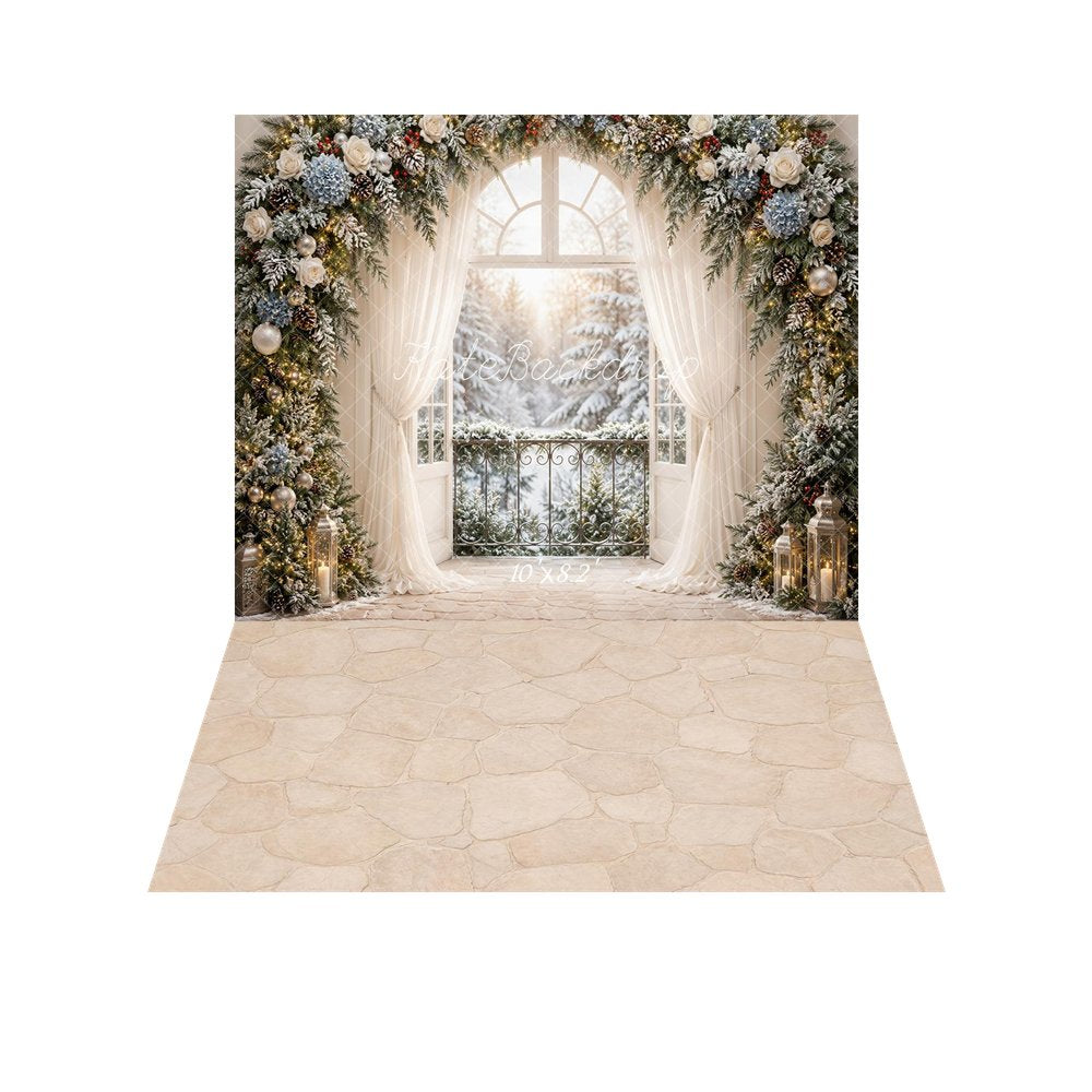 Kate Christmas Snowy Flower Arched Window Curtains Lanterns Printed Backdrop+Beige Cobblestone Abstract Texture Printed Backdrop