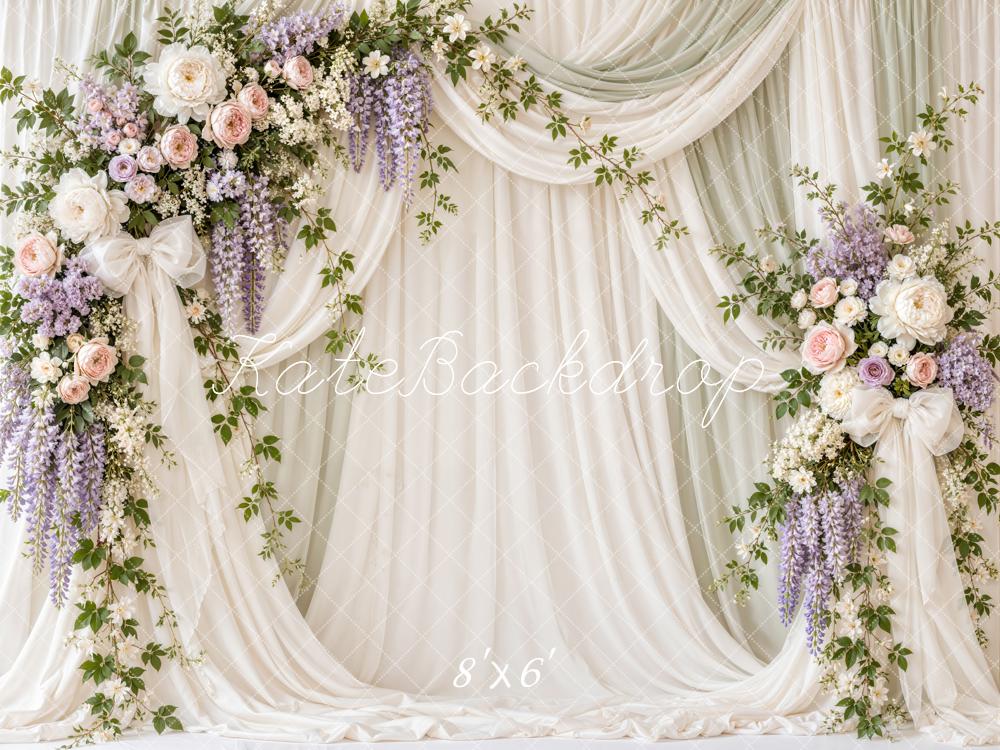 Kate Spring Floral Elegant White Drapes Bow Printed Backdrop Designed by Emetselch