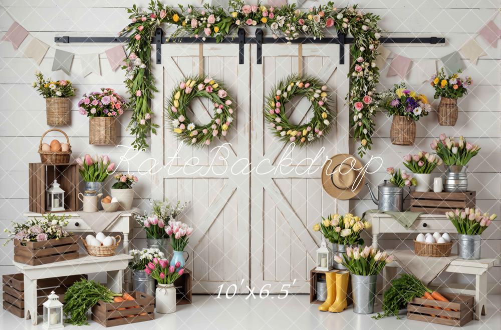 Kate Spring Tulip Wreath Barn Door Backdrop Designed by Mini MakeBelieve