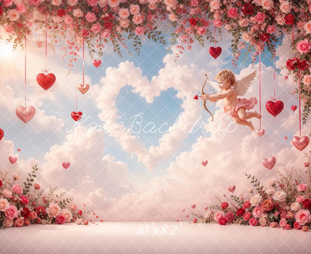 Kate Valentine's Day Cupid Roses Hearts Clouds Printed Backdrop Designed by Shutter Swan Studios