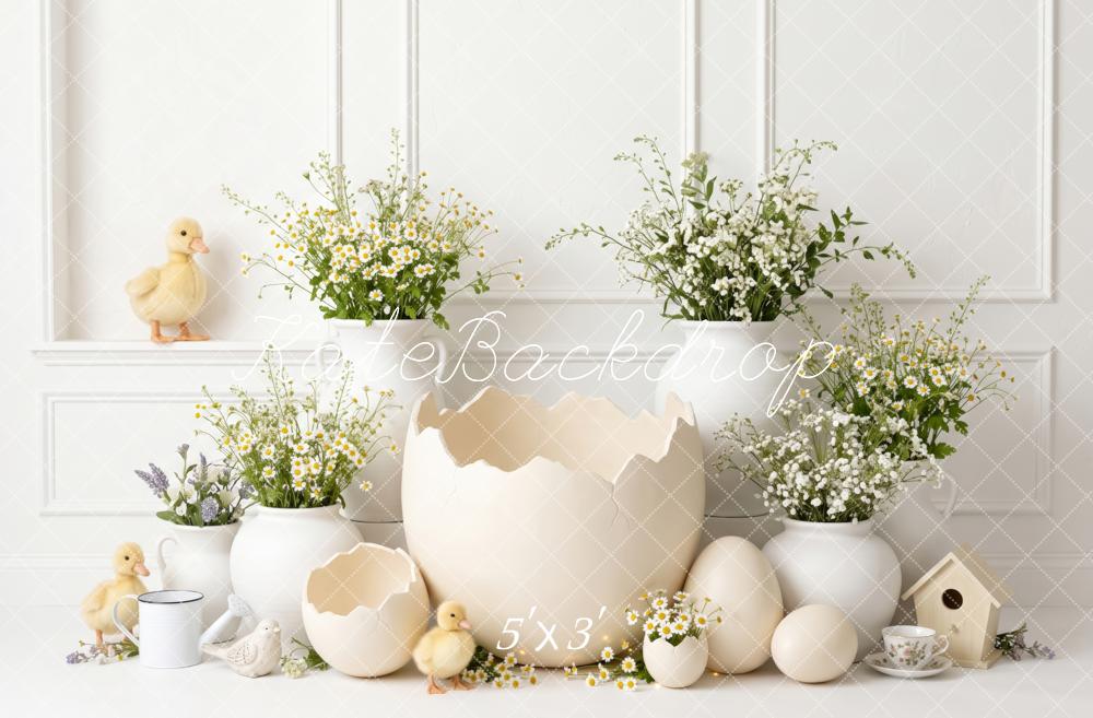 Kate Easter Cracked Egg Ducklings Daisy Flowers White Printed Backdrop Designed by Patty Roberts
