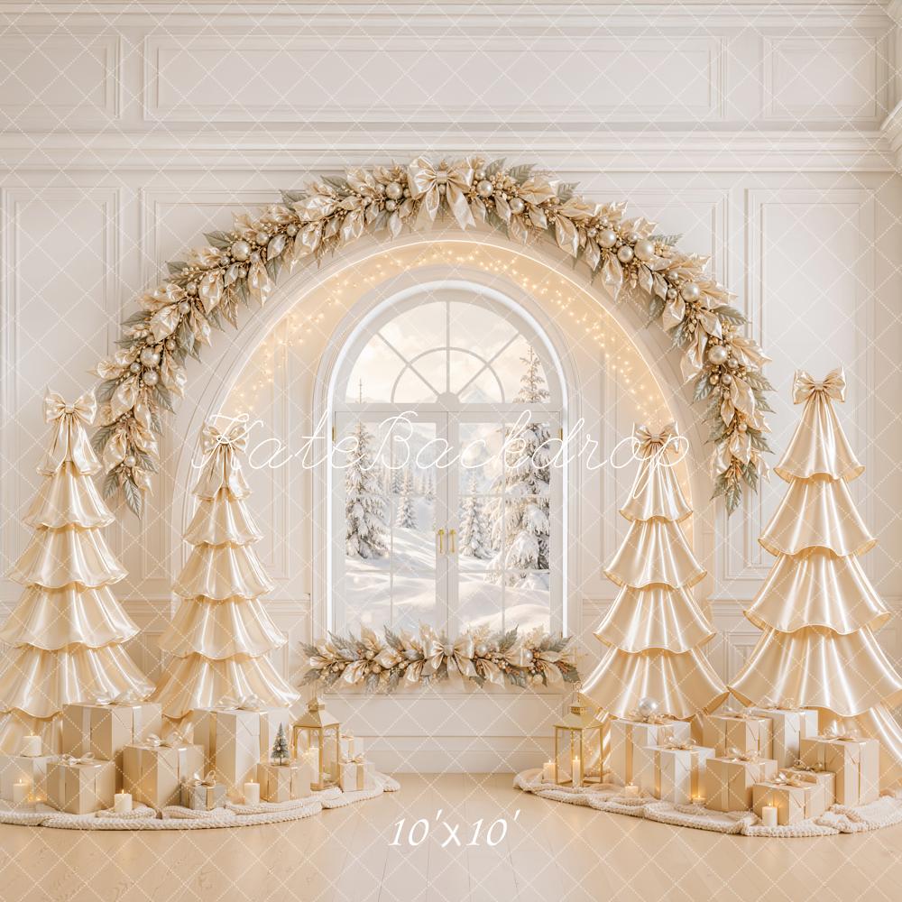 Kate Christmas Gold Satin Trees Garland Window Gifts Printed Backdrop Designed by Emetselch