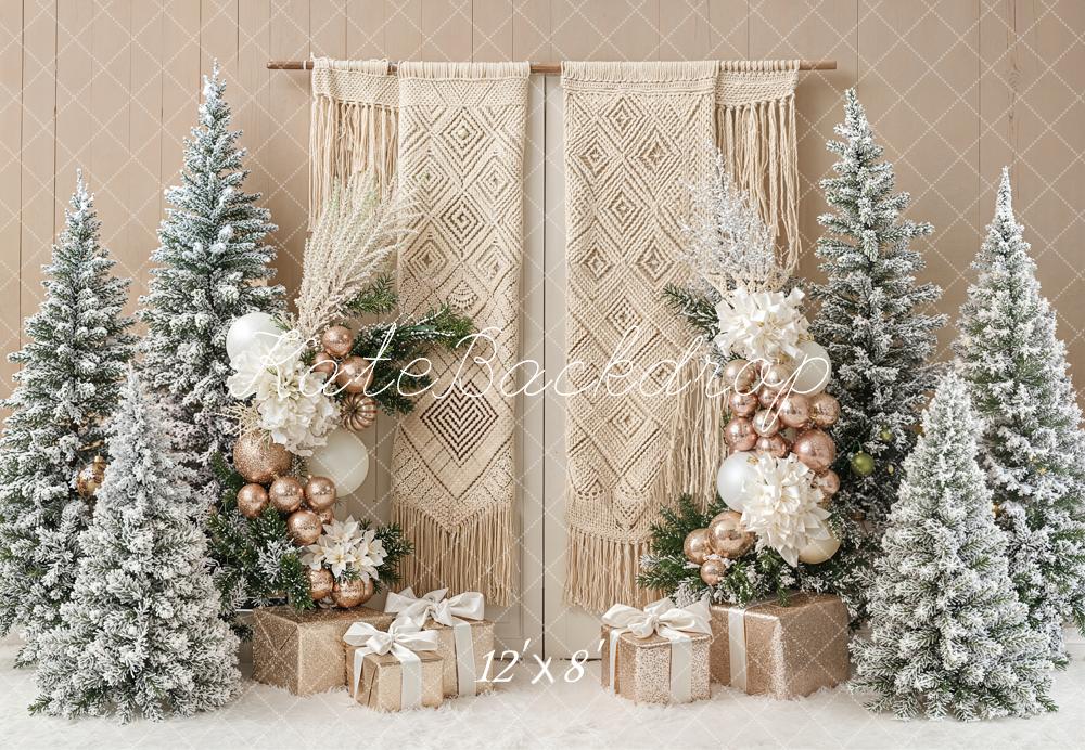 Kate Christmas Boho Macrame Frosted Trees Gift Boxes Backdrop Designed by Emetselch