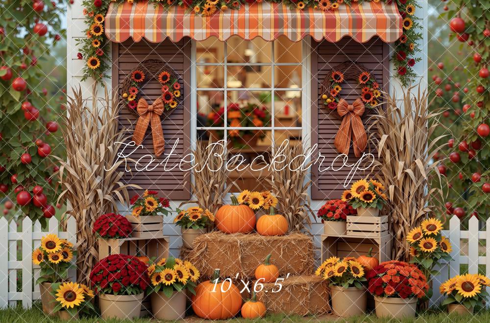 Kate Fall Cottage Pumpkins Sunflowers Hay Bales Window Printed Backdrop Designed by Mini MakeBelieve