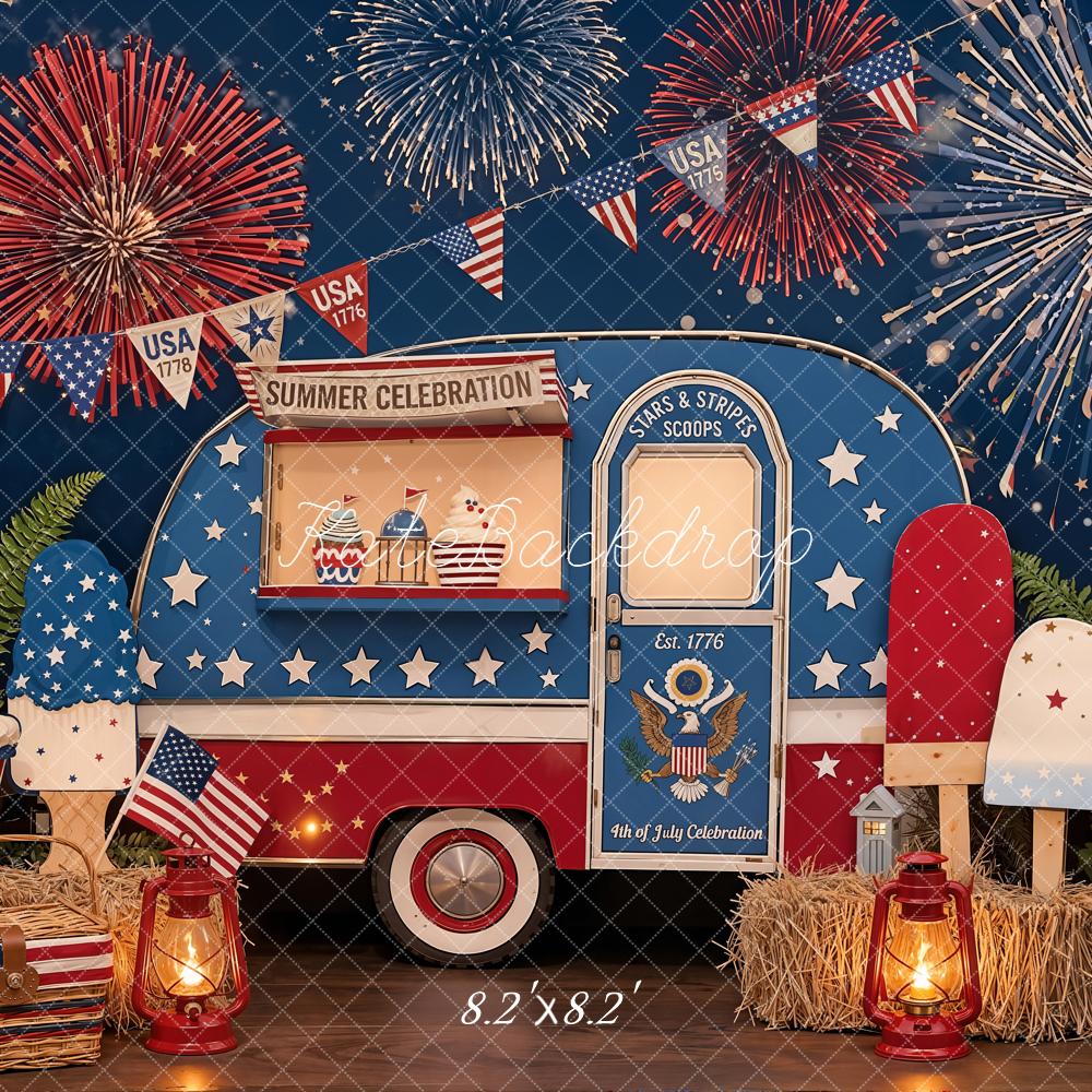 Kate 4th of July Ice Cream Truck Fireworks Patriotic Treats Printed Backdrop Designed by Emetselch
