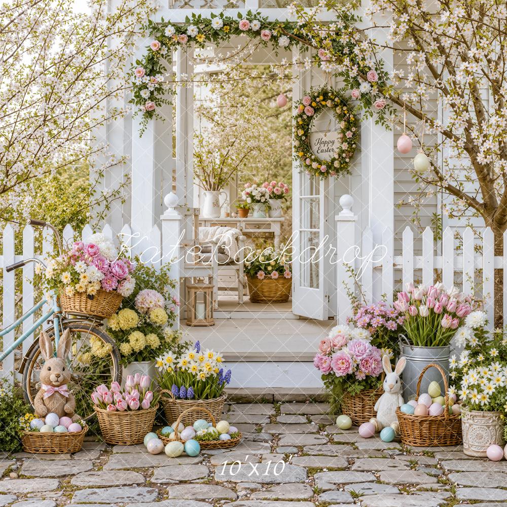 Kate Spring Easter Cherry Blossoms Garden Bunny Flower Porch Printed Backdrop Designed by Emetselch