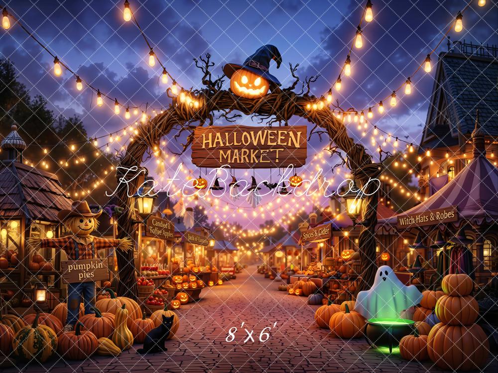 Kate Halloween Market Arch Pumpkins Ghost String Lights Printed Backdrop Designed by Chain Photography