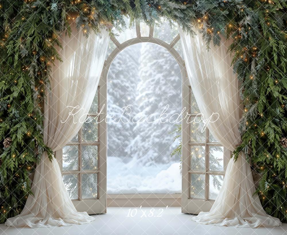 Kate Christmas Window Garland Pinecones Arch Snowy Forest Printed Backdrop Designed by Mini MakeBelieve