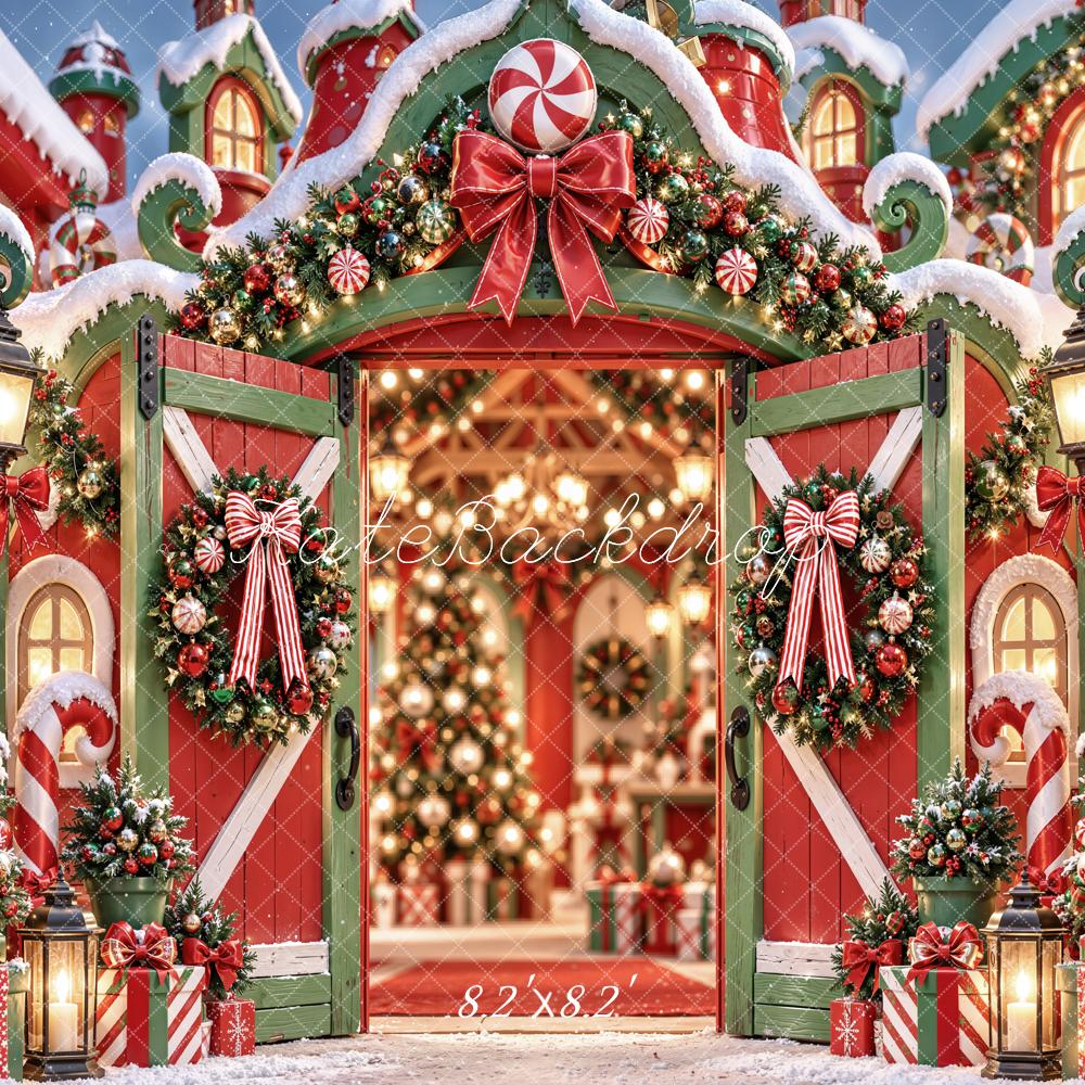 Kate Christmas Fantasy Candy Cane Barn Door Wreath Printed Backdrop Designed by Emetselch