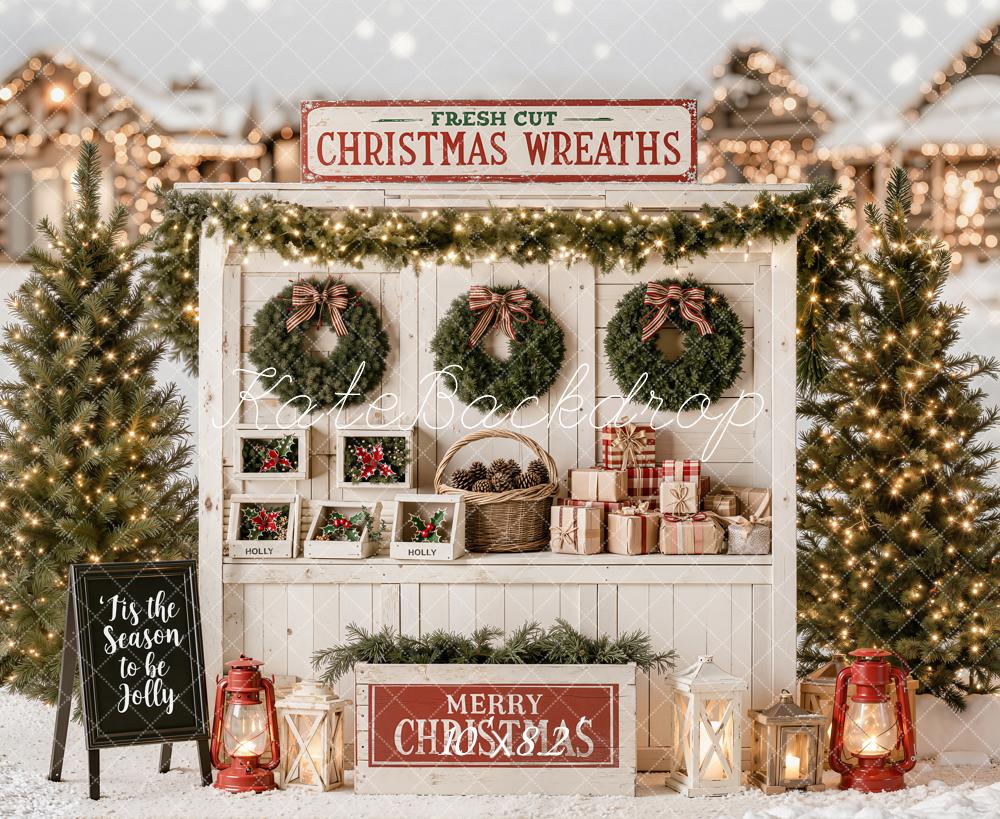Kate Christmas Wreath Stand Evergreen Trees Gift Boxes Snow Printed Backdrop Designed by Emetselch
