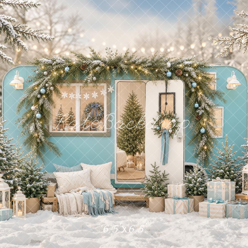 Kate Christmas Blue Camper Garland Trees Gifts Snowy Printed Backdrop Designed by Emetselch