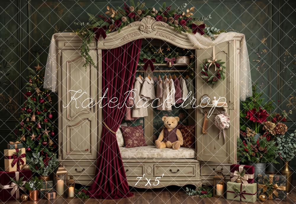 Kate Christmas Vintage Wardrobe Teddy Bear Tree Printed Backdrop Designed by Patty Roberts