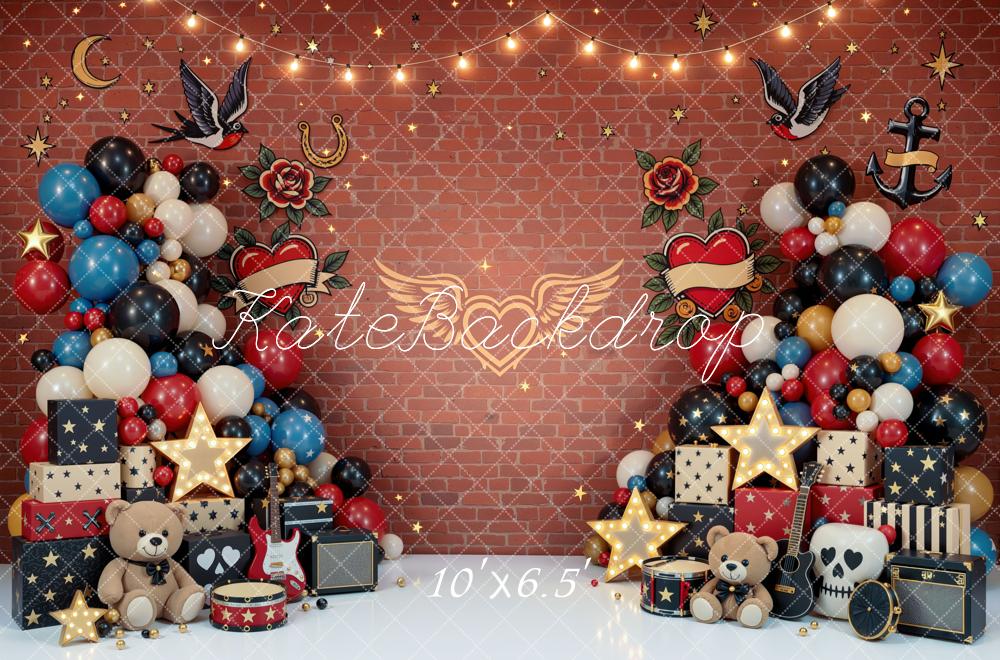Kate Cake Smash Tattoo Rock and Roll Balloons Gifts Brick Wall Printed Backdrop Designed by Mini MakeBelieve