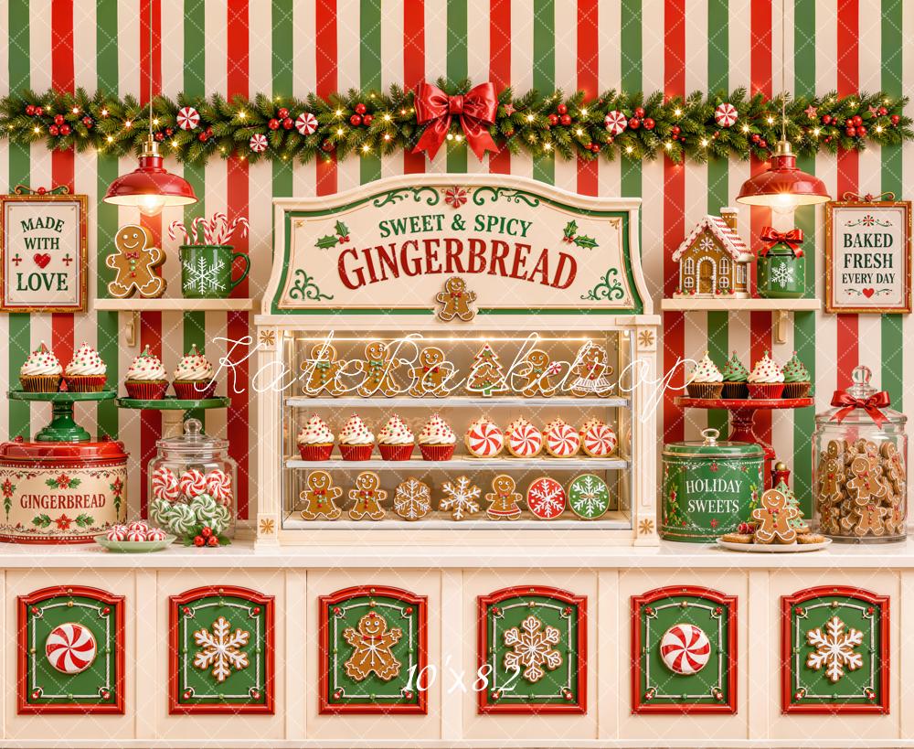 Kate Christmas Gingerbread Candy Shop Cookies Bakery Striped Printed Backdrop Designed by Emetselch