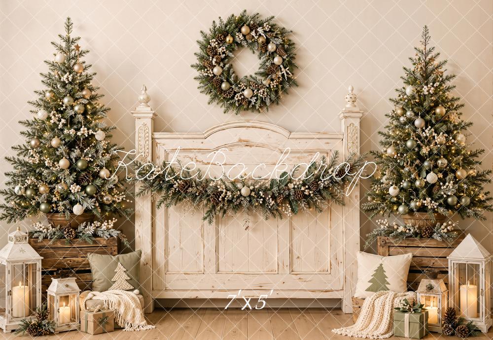 Kate Christmas Rustic Headboard Trees Wreath Lanterns Printed Backdrop Designed by Emetselch