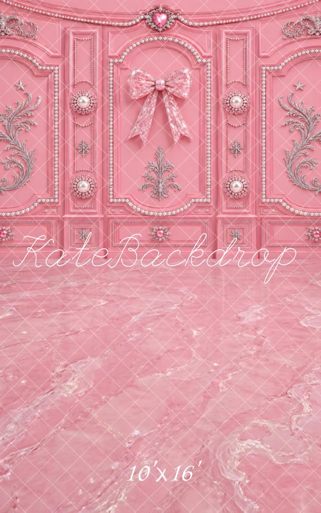 Kate Sweep Pink Ornate Bow Wall Marble Printed Backdrop Designed by Vertigo Productions