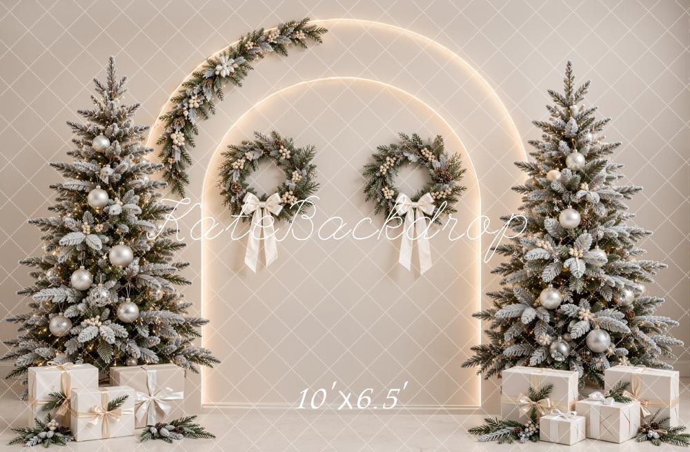Kate Christmas Beige Tree Arch Wreaths Gifts Printed Backdrop Designed by Emetselch