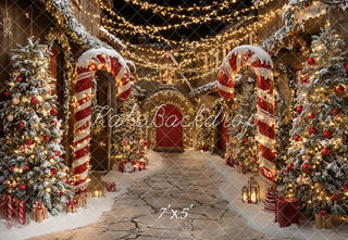 Kate Christmas Candy Cane Snowy Village Lights Printed Backdrop Designed by Emetselch