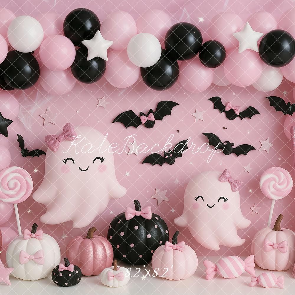 Halloween Cake Smash Pink Ghost Balloons Backdrop Designed by Ashley Paul