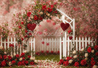 Kate Valentine's Day Garden Flower Arch Red Roses Hearts White Fence Printed Backdrop Designed by Emetselch