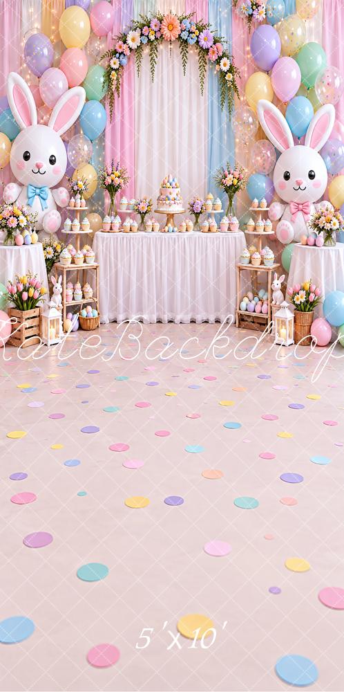 Kate Sweep Easter Birthday Bunny Pastel Balloon Arch Dessert Table Printed Backdrop Designed by Vertigo Productions