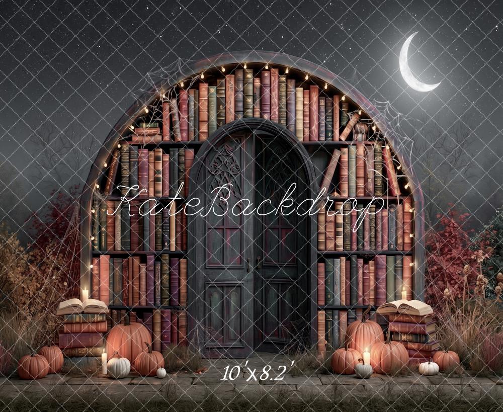 Kate Halloween Haunted Library Arched Door Moon Printed Backdrop Designed by Angela Miller