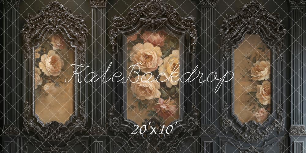 Kate Black Ornate Vintage Wall Floral Roses Printed Backdrop Designed by Emetselch