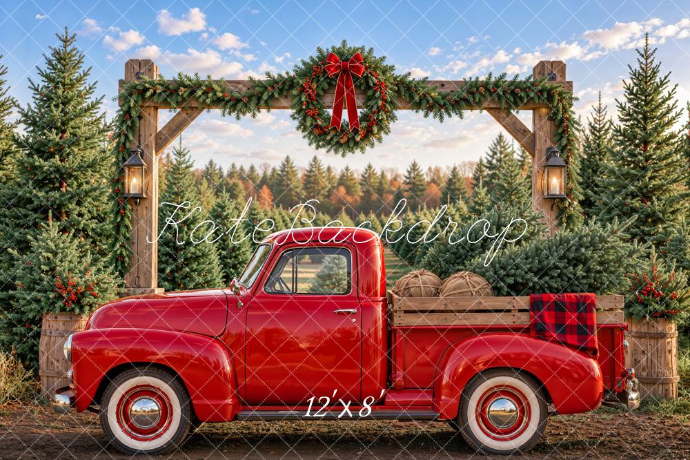 Kate Christmas Farm Red Truck Wreath Rustic Arch Printed Backdrop Designed by Emetselch