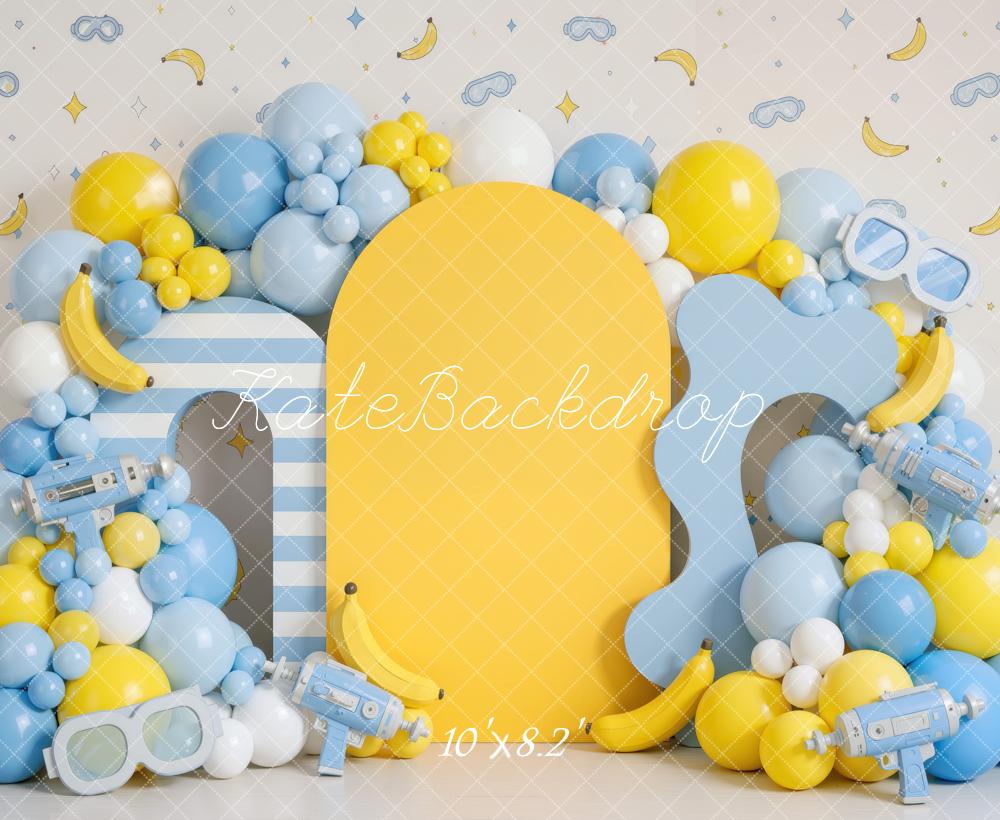 Kate Cake Smash Playful Banana Goggles Balloon Arch Yellow Blue Printed Backdrop Designed by Mini MakeBelieve