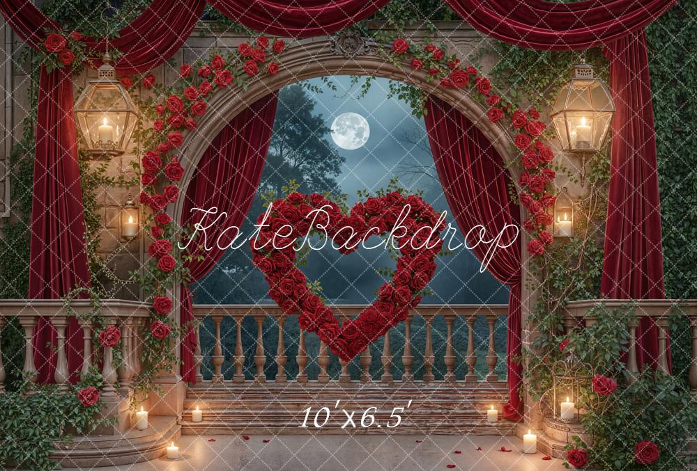 Kate Valentine's Day Red Roses Heart Arch Balcony Moonlight Backdrop Designed by Emetselch