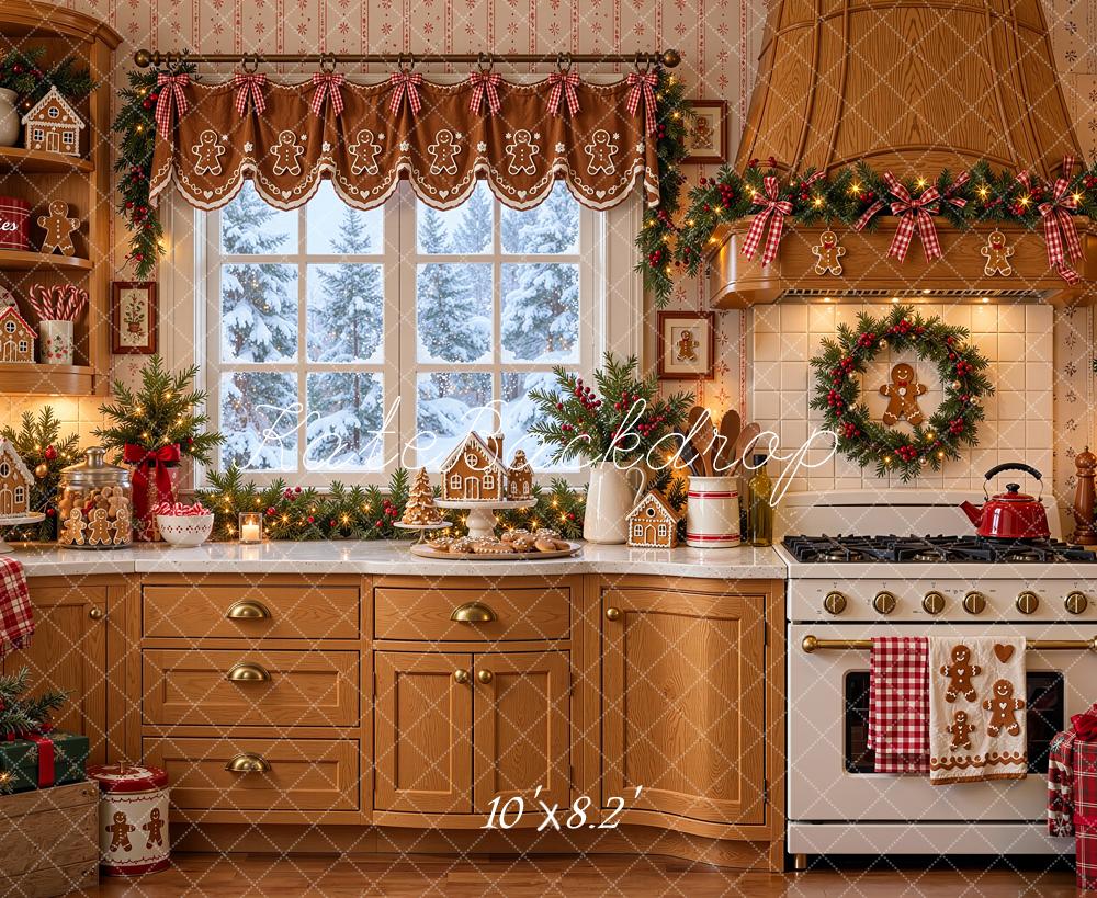 Kate Christmas Brown Gingerbread Kitchen Cabinet Window Printed Backdrop Designed by Shutter Swan Studios