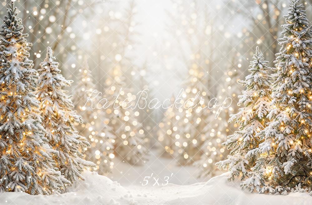 Kate Christmas Winter Snowy Pine Trees Bokeh Lights Backdrop Designed by Emetselch