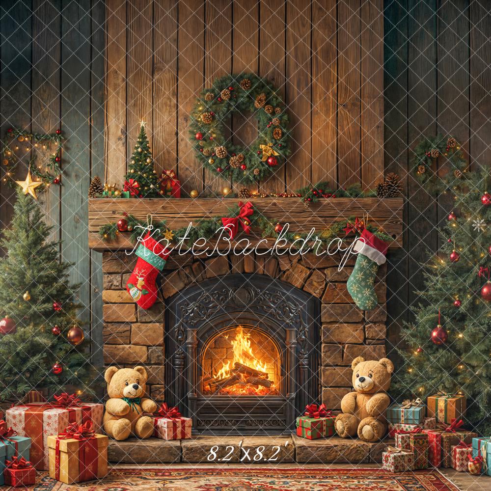 Kate Christmas Fireplace Trees Wreath Gifts Teddy Bears Printed Backdrop Designed by Emetselch