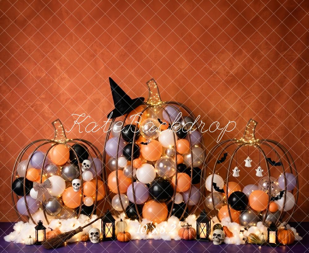 Kate Halloween Cake Smash Gold Pumpkin Balloons Witch Hat Printed Backdrop Designed by Patty Roberts