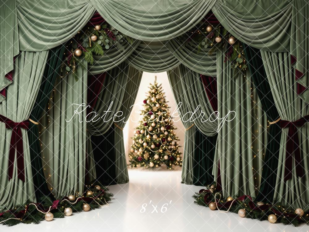Kate Christmas Green Curtains Drapery Christmas Tree Printed Backdrop Designed by Patty Roberts