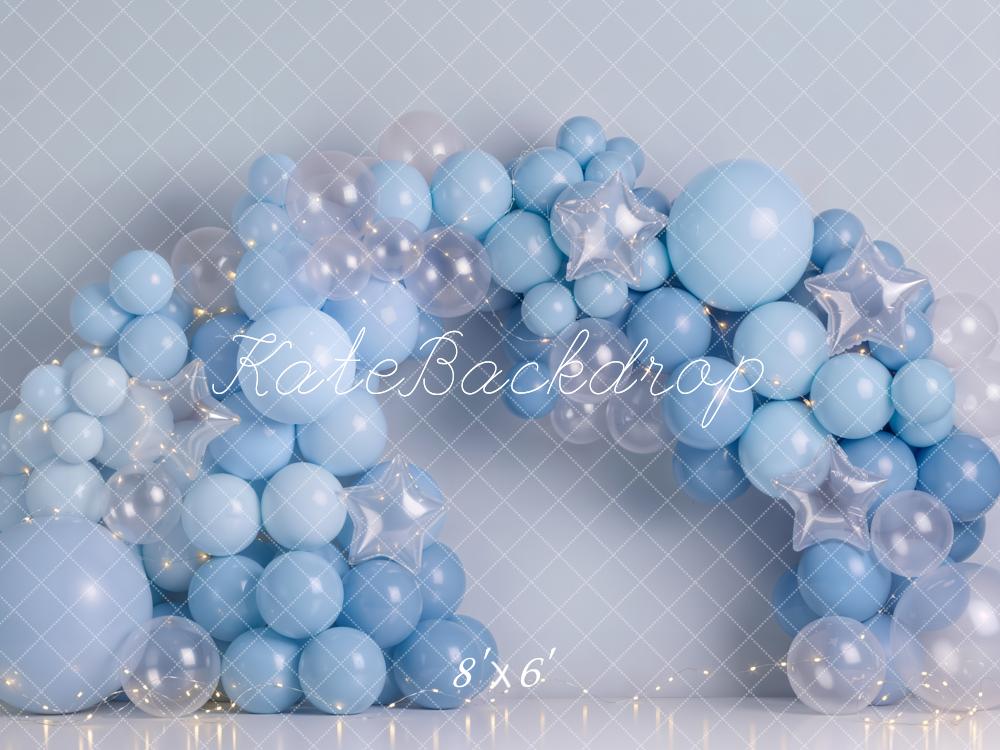 Kate Cake Smash Blue Balloon Arch with Clear Balloons and Silver Stars Printed Backdrop Designed by Emetselch